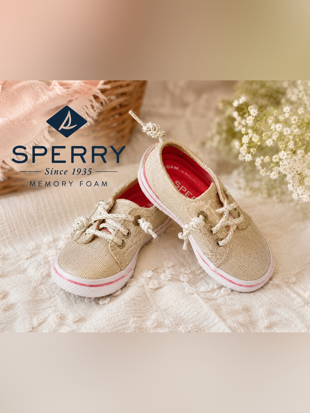 Sperry Toddler Girls Glitter Canvas Sneakers Gold Champagne Size 5.5M